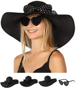Wide Brim Sun Hats for Women - Floppy Straw Hat with Heart Shape Glasses - Foldable Large Summer Hat - Big Roll Up Beach Cap - UPF 50+ ( Black ) - FUNCREDIBLE