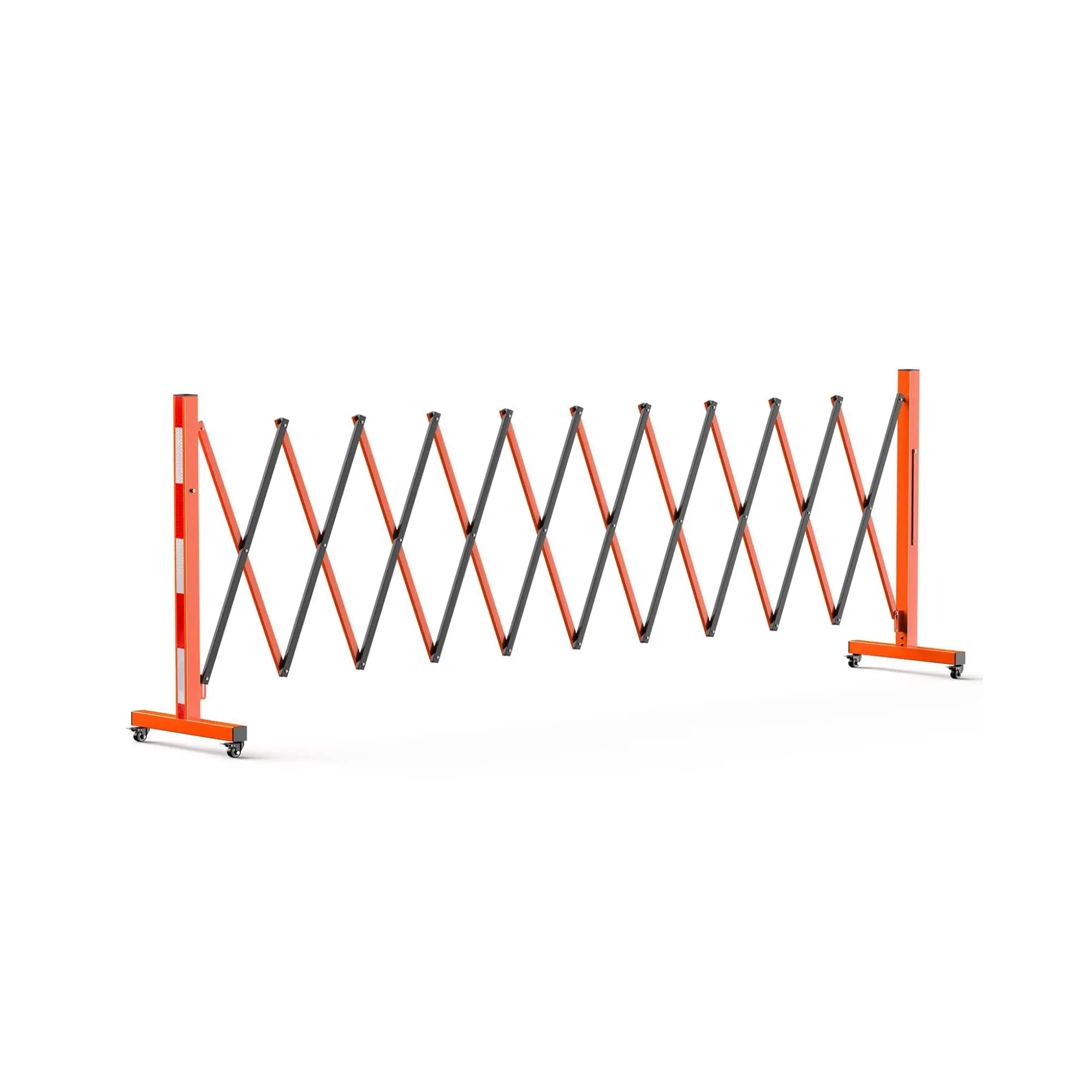 Extendable metal barrier 3.4m, foldable steel safety gate with wheels, mobile scissor gate barrier for industry, warehouses, construction sites and outdoor areas, black and orange