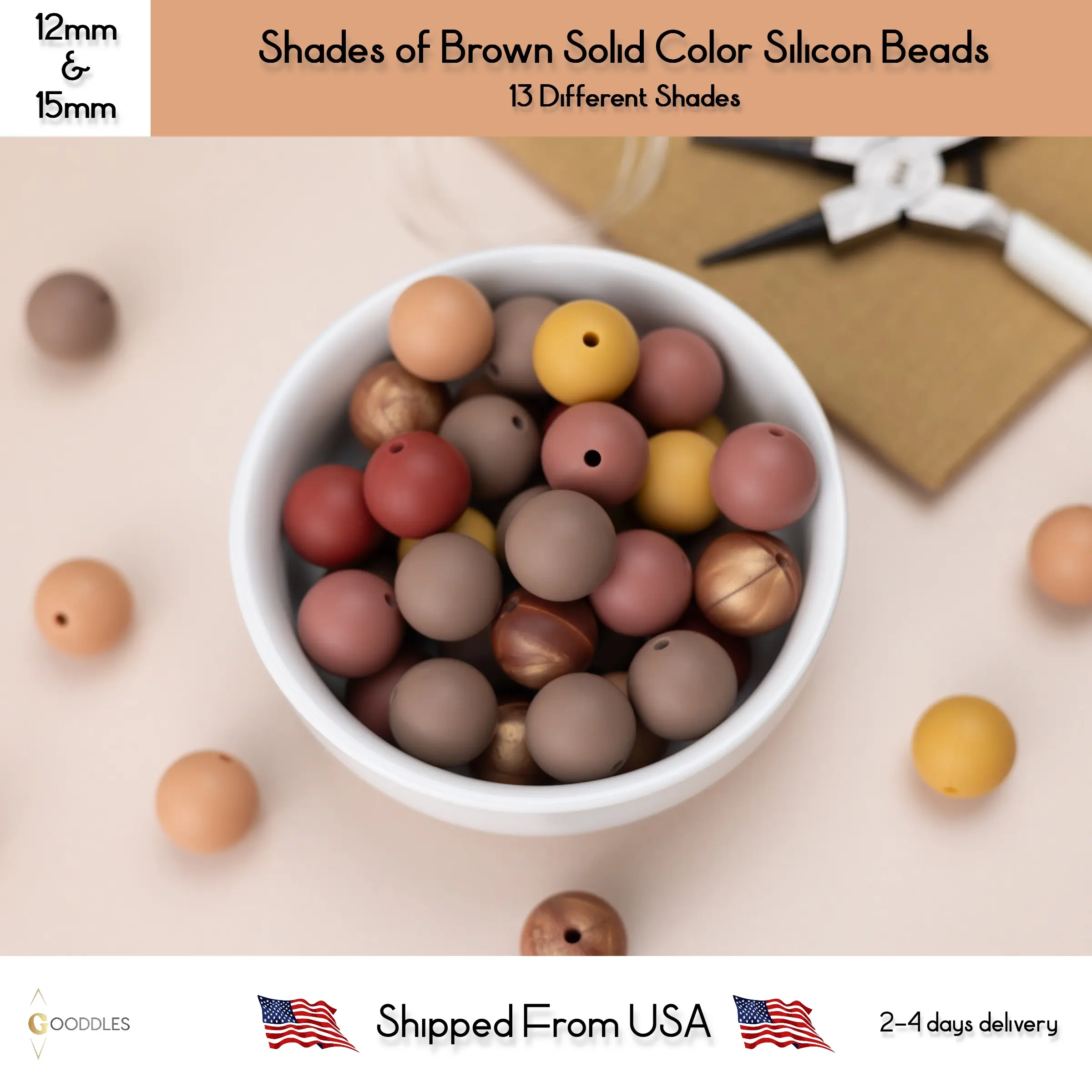 5pcs, Shades of Brown Solid Color Silicone Beads Round Silicone Beads
