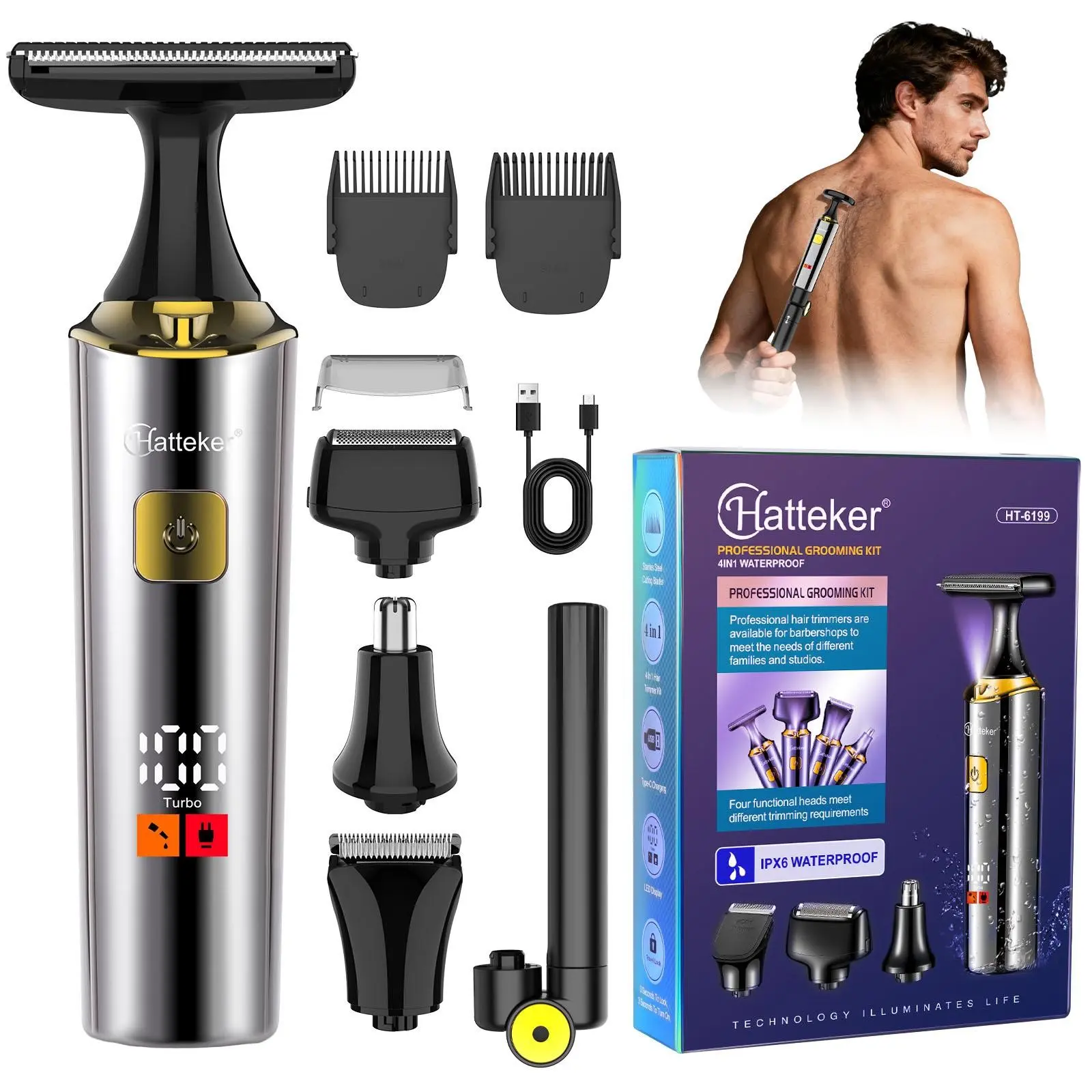 Hatteker Electric Back Shaver, Multi-Function Body Hair Trimmer, 4-In-1 Set, Extendable Arm, Waterproof Cordless Shaver, Face, Chin, Arm, Back Grooming Kit