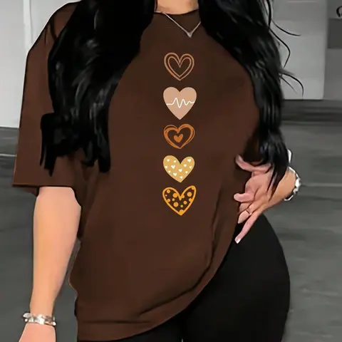 Women's Heart Print Round Neck Graphic Tee, Casual Tee Shirts, Vintage Trendy Casual Fashion Streetwear Drop Shoulder Short Sleeve T-shirt for Daily Wear, Ladies All Seasons Outfit Womenswear Top