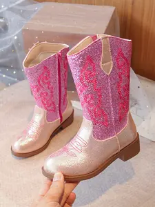 Girls' Glitter Western Cowboy Boots, Embroidered Detail + Side Zip Easy Wear, Princess Style Versatile Fashion, Baby Loves to Wear