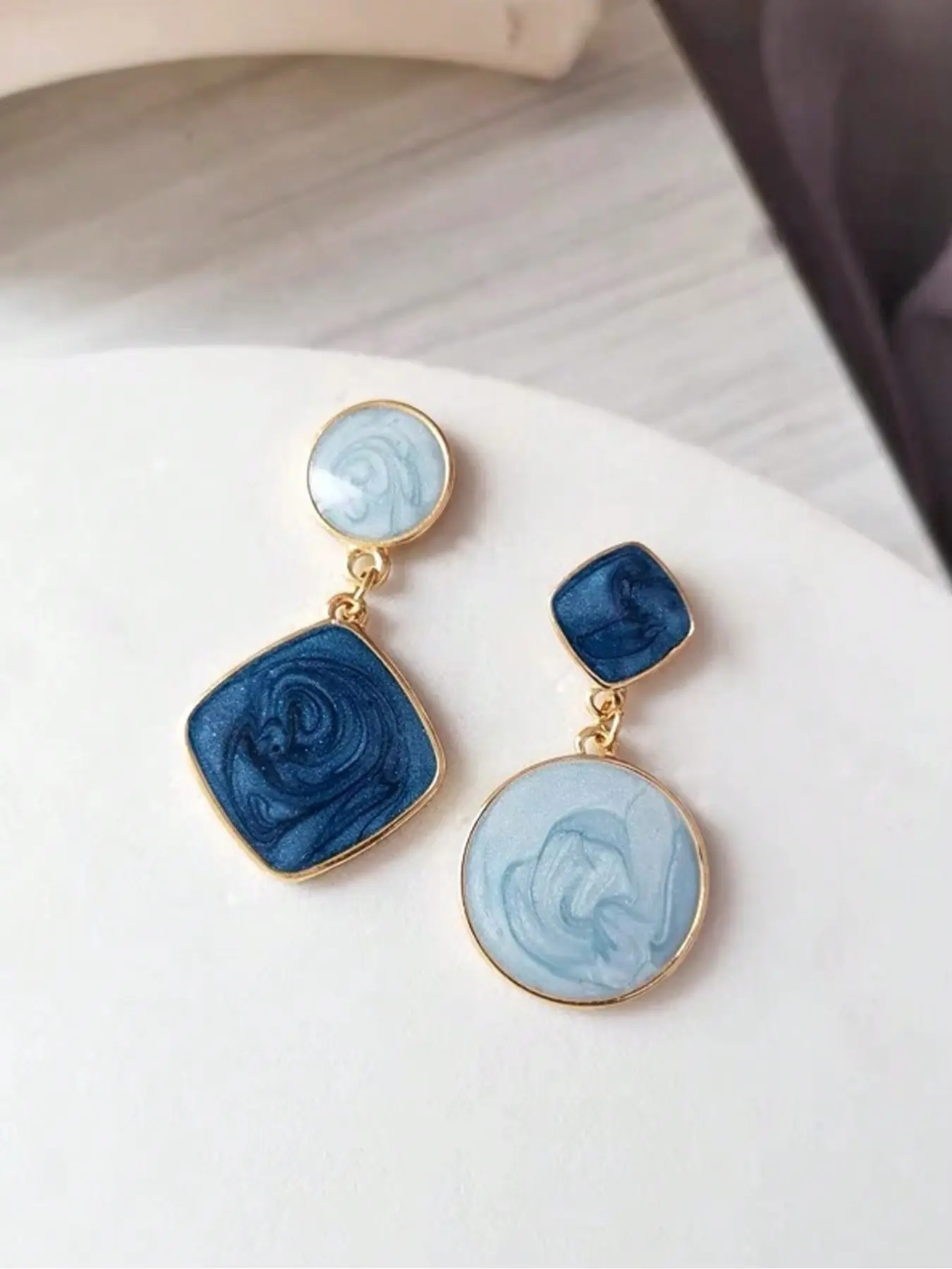Asymmetric Geometric Earrings Set, Simple Oil-Drop Color Block Design, Hong Kong Style Asymmetrical Pierced Ear Studs for Women, Suitable for Any Occasion