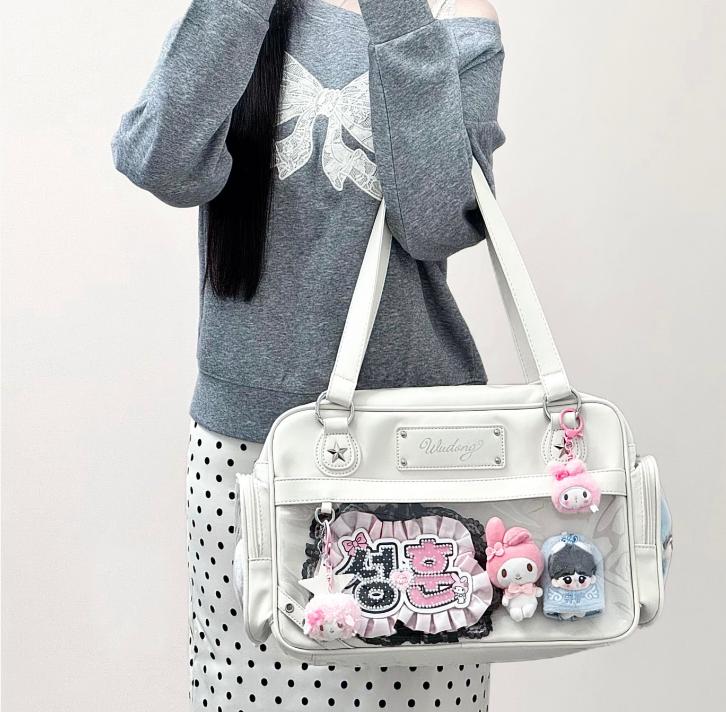Large Capacity Ita Bag with Star Accent, Transparent Pocket Anime Badge Display Tote Bag, Kawaii Aesthetic Anime Merch Bag for Cosplay & Daily Use, Cute Casual Shoulder Bag for Anime Girls