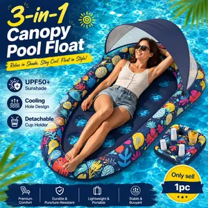 3-in-1 Inflatable Pool Float with Canopy for Adults Tropical Fruit Style, 73 x 48in Heavy Duty Tanning Lounger Raft with Removable UPF50+ Sun Shade, Backrest and Cup Holder Set for Pool, Lake, Beach, Resort Vacation and Summer Relaxation