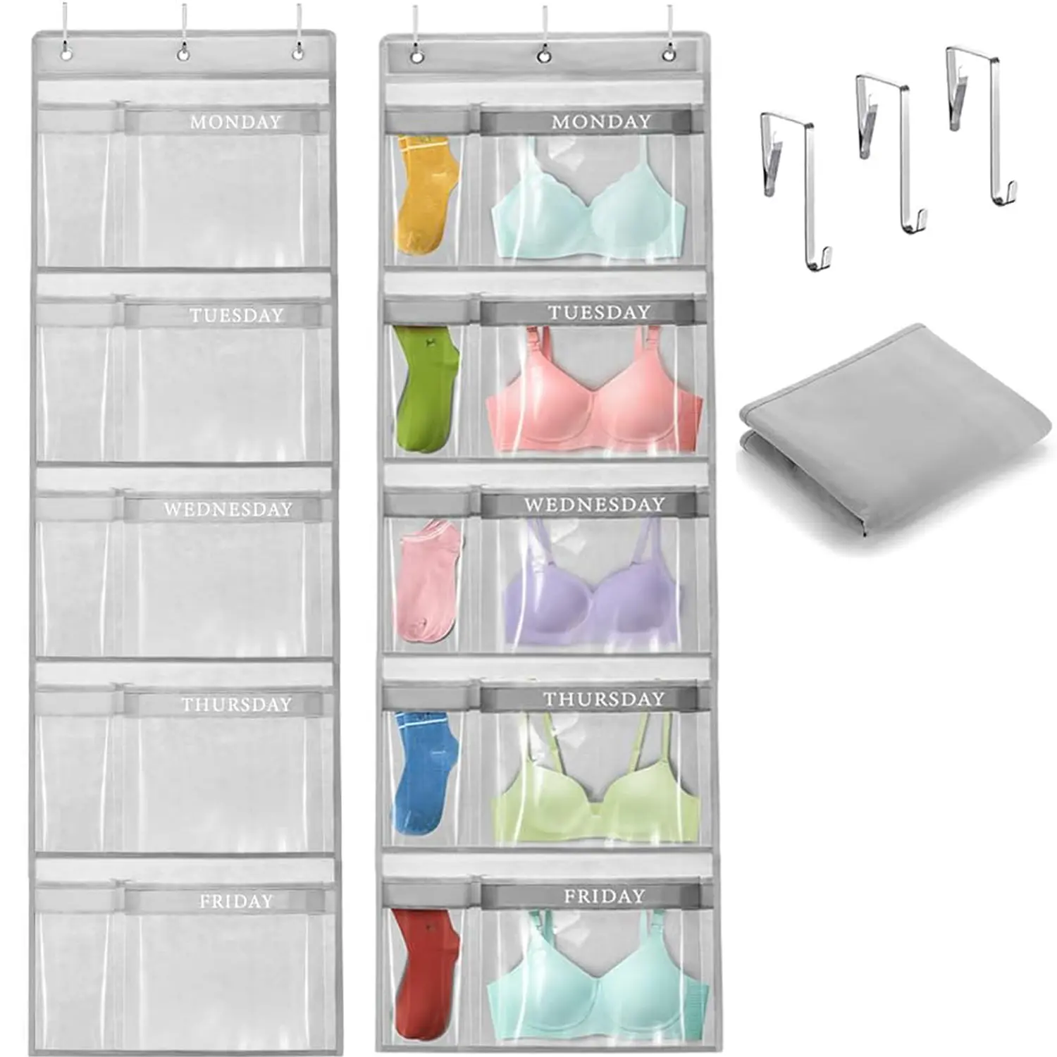 Hanging Kids' Closet Organizer with Sock Storage for 5-Day Weekly School Clothing Organization