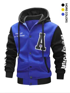 Men's Colorblock Letter Print Drawstring Button Front Hooded Jacket, Regular Fit Casual Pocket Long Sleeve Outerwear For Spring & Fall, Men's Clothes For Daily Wear, Casual Street Wear, Hoodie Sweatshirt