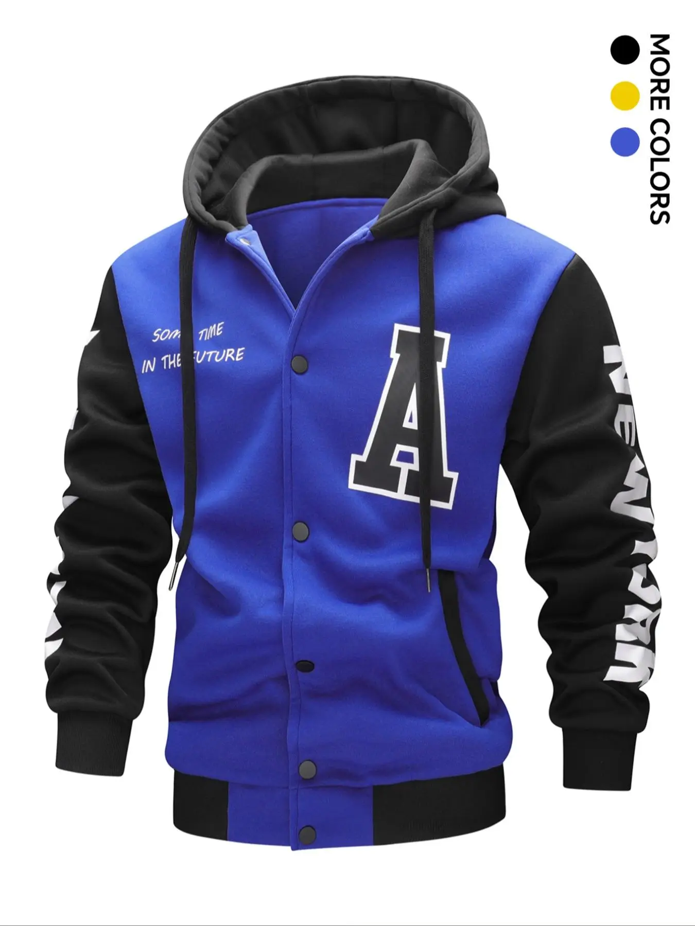 Men's Colorblock Letter Print Drawstring Button Front Hooded Jacket, Regular Fit Casual Pocket Long Sleeve Outerwear For Spring & Fall, Men's Clothes