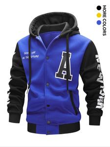 men's colorblock letter print drawstring button front hooded jacket, regular fit casual pocket long sleeve outerwear for spring & fall, men's clothes for daily wear, casual street wear