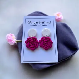 Handmade polymer clay magenta rose dangles