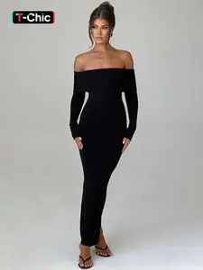 Women's Off Shoulder Split Hem Bodycon Knitting Dress, Elegant Long Sleeve Dress for Party Dating Wear, Women's Clothing for Fall & Winter, Chic Trendy Dress, Womenswear