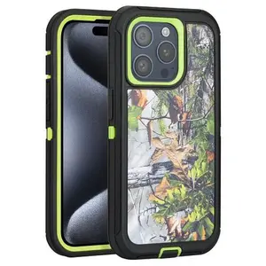 Apple iPhone 15 Pro (6.1) - Tough Pro Case with Holster Clip - Tree Camo Design on Green PC Hard Cover with Soft Green TPU Bumper