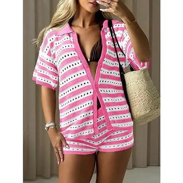 Women's Striped Crochet 2-Piece Short Set, Casual Knit Button-Down Top and Shorts Outfit for Summer Beach, Crochet Two-Piece Short & Top Sets, Two-Piece Short & Top Sets