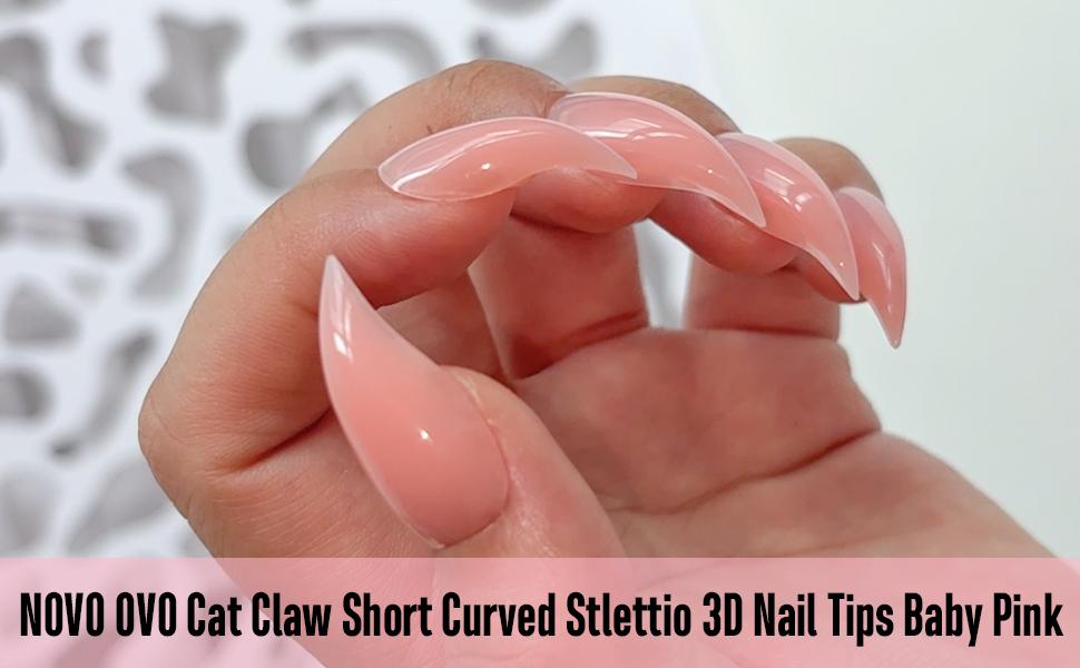 NOVO OVO 3D Cat Claw Nail Tips Baby Pink, 128Pcs Short Curved Stiletto Press on Nails with Built-in APEX, PMMA Full Cover Clear Eagle False Nails for Halloween Cosplay & Salon Extension, 16 Sizes【Does not include builder gel, top coat, glue, or UV lamp】