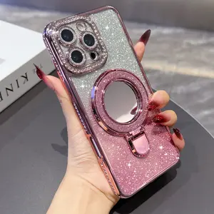 New glitter paper makeup mirror with magnetic stand suitable for iPhone 16 Pro Max, Samsung Galaxy S25 Ultra phone case fully wrapped, precise hole soft gel S23, creative luxury S24 fairy style