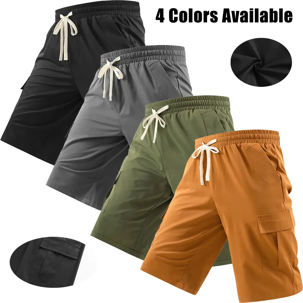 Men's Mountain-Style Mid-Waist Cargo Shorts, Menswear, Knee-Length, Lightweight Polyester, 3D Side Cargo Pockets, Light Color Palette With Contrasting Accents, Drawstring Waistband, Solid-Color Minimalist Design - Ideal For Hiking, Camping