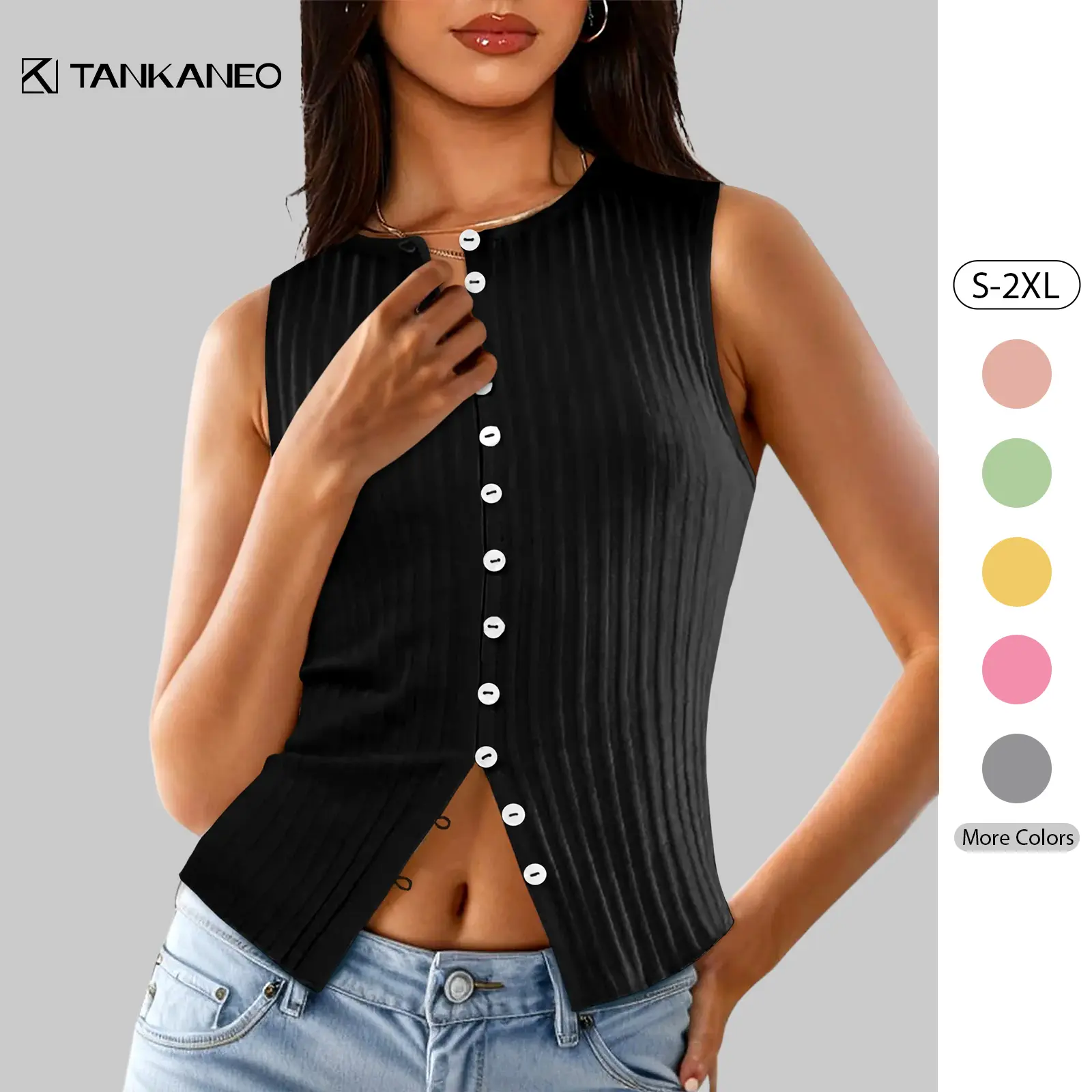 Tankaneo Womens Button Down Ribbed Tank Tops Cropped Cute Y2k Vest Tops Summer Going Out Outfits