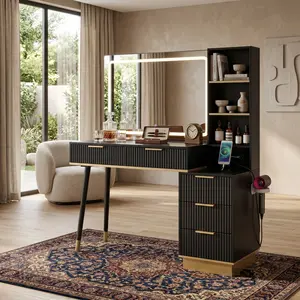 48 Inch Fluted Vanity Desk with Large Mirror Adjustable LED Lights, Modern Makeup Dressing Table with 5 Drawers and 3 Display Shelves, Glass Top Built-In Charging Station, Stylish Dresser Vanity for Bedroom Dressing Room Black