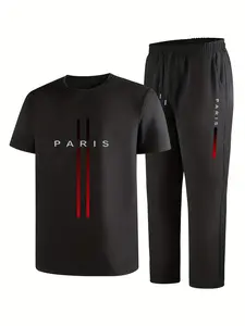 Men's Paris-Inspired Casual T-Shirt & Pants Set | Lightweight Sportswear with Stylish Gradient Stripes