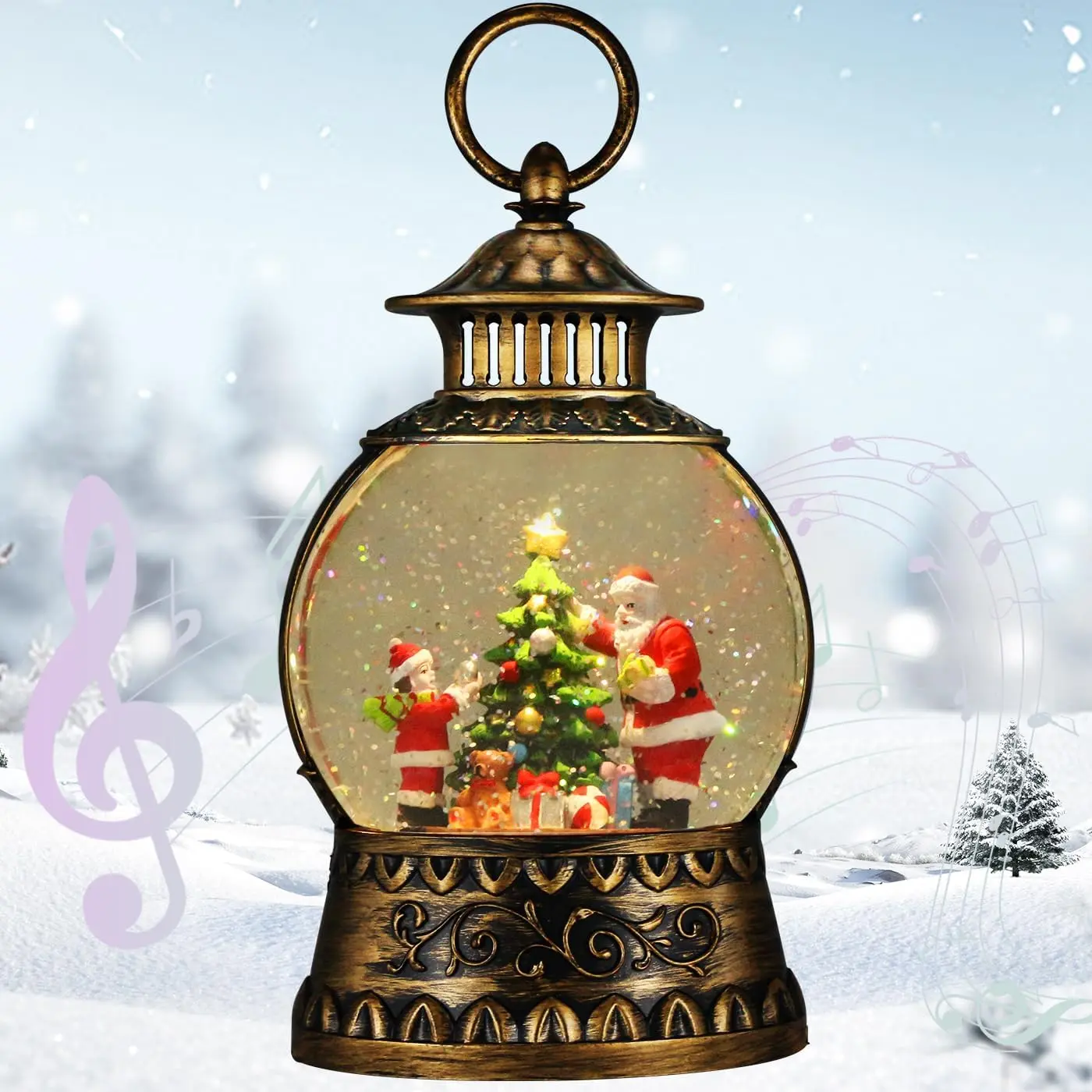 Christmas Santa Snow Globe, Christmas Musical Snow Globe Lantern Lights with 6H Timer  & USB , Retro Style Holiday Glitter Globe for Xmas Home Decoration Holiday Party Gifts