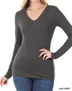 Zenana - BRUSHED MICROFIBER LONG SLEEVE V-NECK TEE