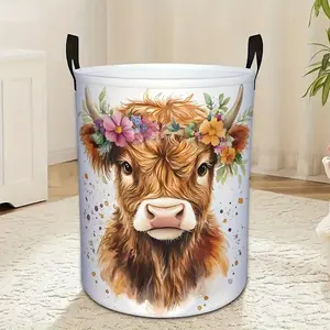 1pc Highland Cow with Flower Crown Print Laundry Hamper, Polypropylene Foldable Dirty Clothes Basket with Handles, Large Capacity Storage Bin for Bedroom & Laundry Room