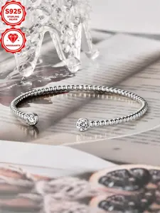 S925 Sterling Silver Minimalist Temperament Synthetic Moissanite Decor Cuff Bangle, High Quality Bracelet, Fashion Jewelry Accessories for Women As Gift