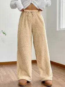 Women's New Style Autumn Winter Plush Casual Pants, Loose Fit Warm Sporty Fleece Lined Trousers, Fashionable Solid Color Design