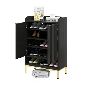 Shoe Storage Cabinet 5-Tier Farmhouse Black Wooden Organizer with 3 Adjustable Shelves 41.5" Tall for Entryway Hallway Living Room Easy Assembly