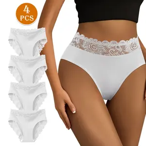 QUASTI 4-Piece White Mid-Waist Sexy Lace Panties for Women, Soft, Breathable, Highly Elastic, Silky Smooth Fabric, Skin-friendly, Combining Elegance and Sexiness, Sizes S-XXL