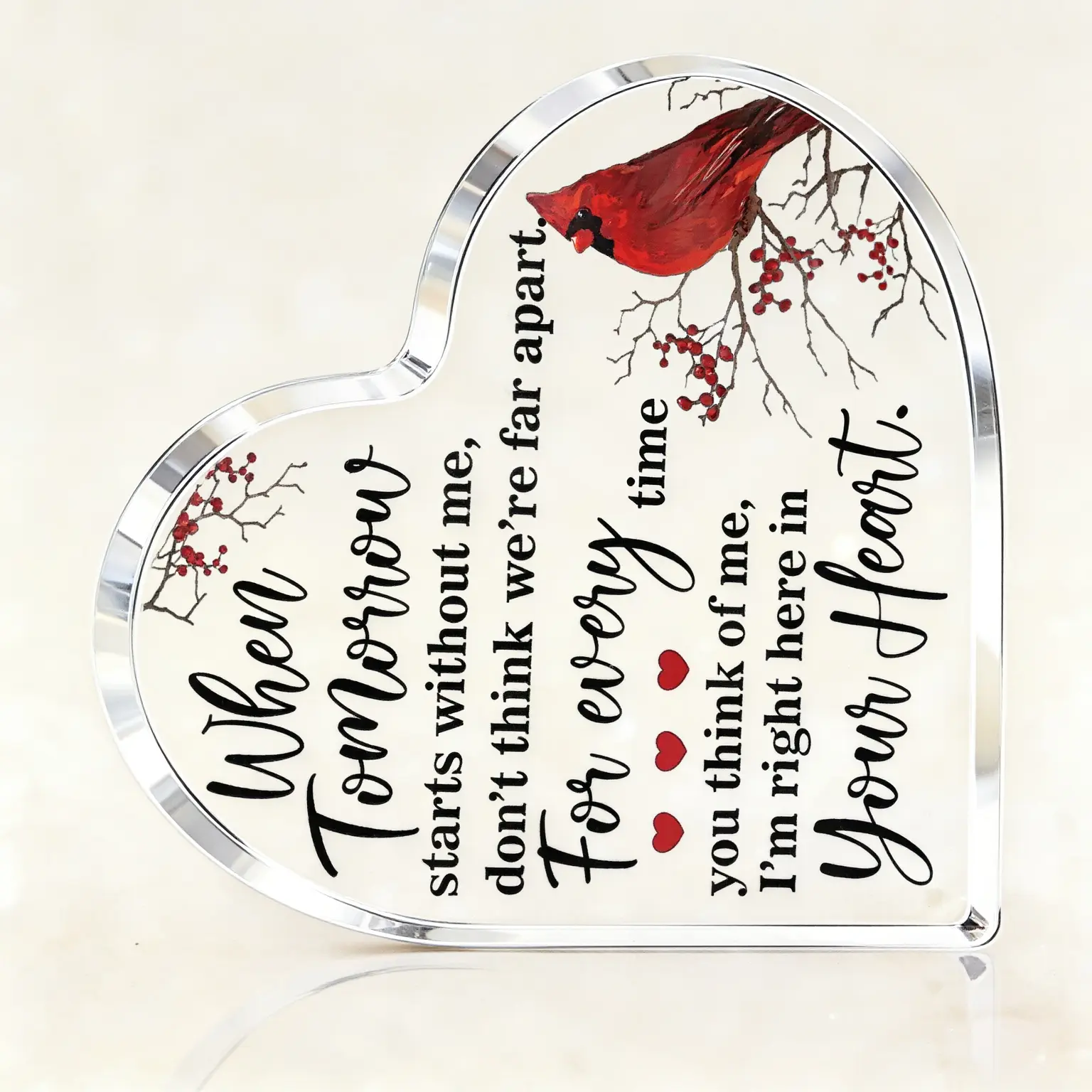 Heart Shaped Cardinal Commemorative Durable Acrylic Plaque, Sympathy Gift for Loss of a Loved One, 10cm x 10cm Tabletop Bereavement Home Decor Sign