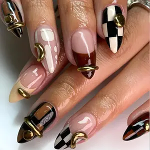 Luxury Statement Press On Nails, Abstract Art Nails with Gold Hardware, Modern Art Design, High Fashion Nail Set, Art-driven Design