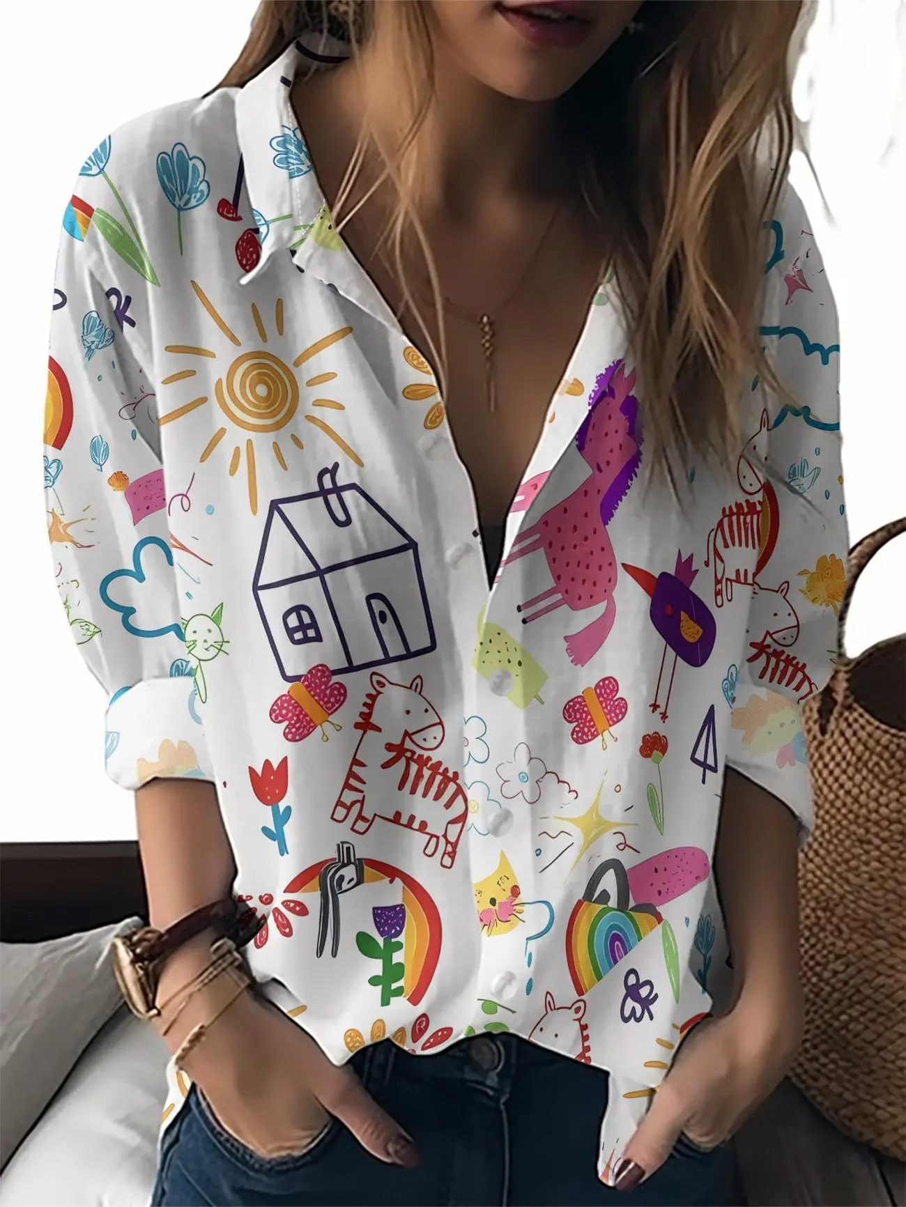 Colorful Cartoon Linen Shirt Women Cute Rainbow Sun Animal Print Button Down Whimsical Long Sleeve Blouse Casual Commute Festive Holiday Top