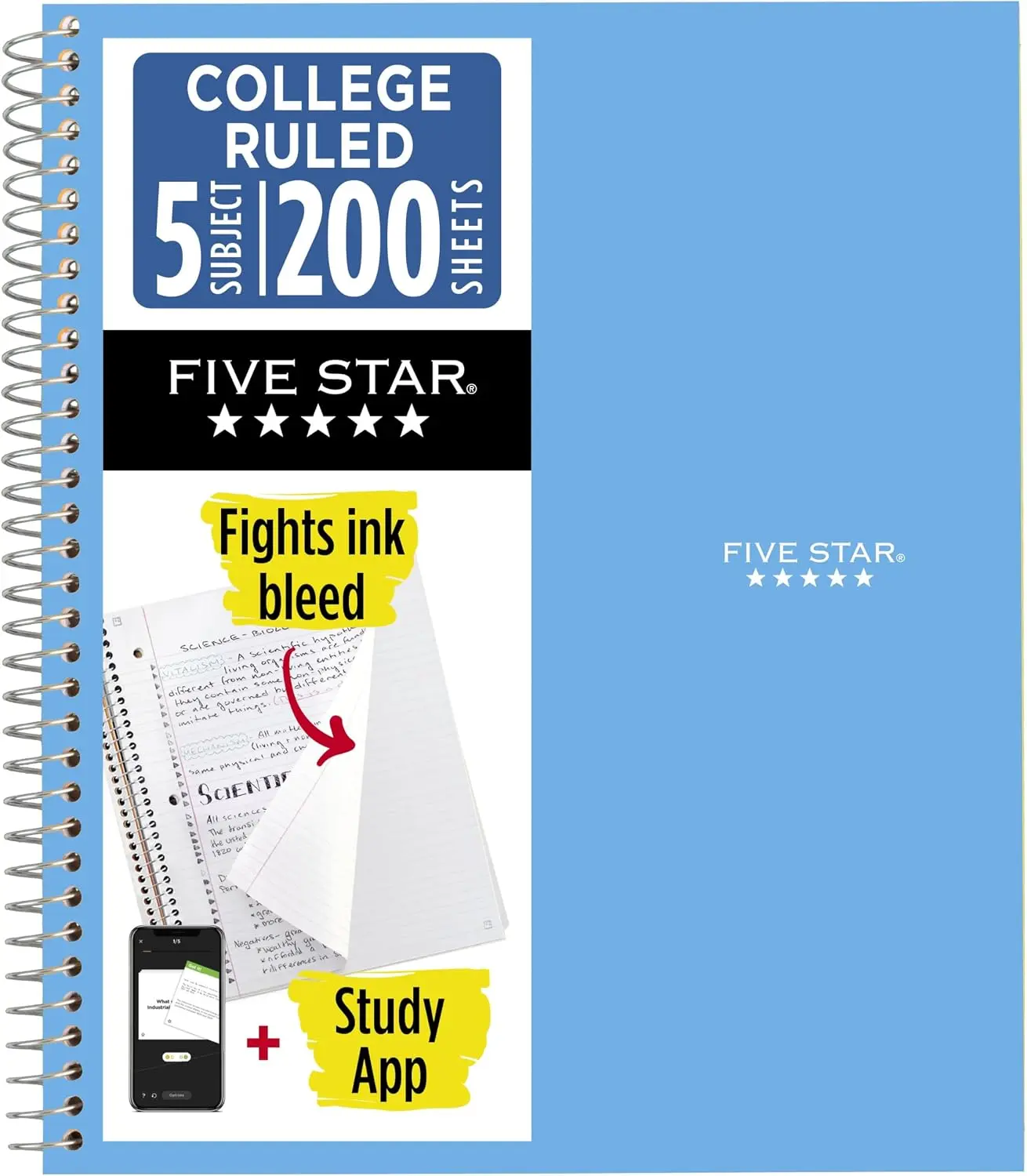 Five Star Spiral Notebook + Study App, 5 Subject, College Ruled Paper, 8-1/2" x 11", 200 Sheets, Fights Ink Bleed, Water Resistant Cover, Pacific Blue (73635)