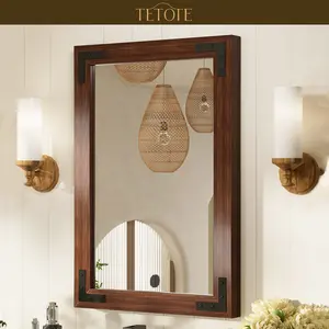 TETOTE Wooden Decorative Mirror with Walnut Wood Grain, Solid Pine Frame, Waterproof Glass, Modern Farmhouse Wall Mirror for Bathroom/Living Room/Entryway, Horizontal/Vertical Mount