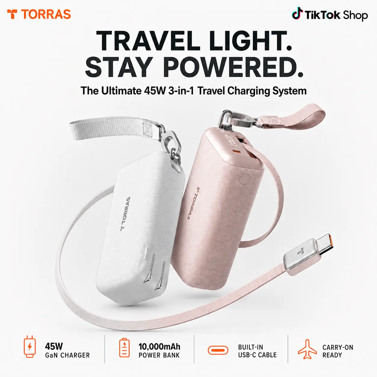 TORRAS PowerGo 3in1 Travel PowerBank Charger 45W Fast Charging 10000mAh Portable Battery with 3.3ft Retractable Cable  Hook for iPhone iPad MacBook Galaxy - Compact, Device summerwins A