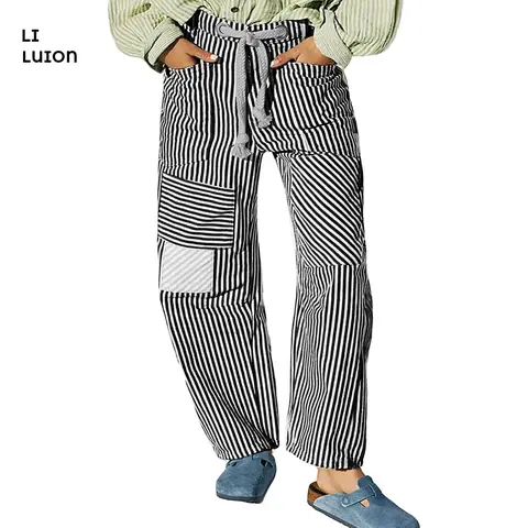 Women Striped Pants, Elastic Waist Drawstring Patchwork Wide Leg Pants Loose Trousers with Pockets