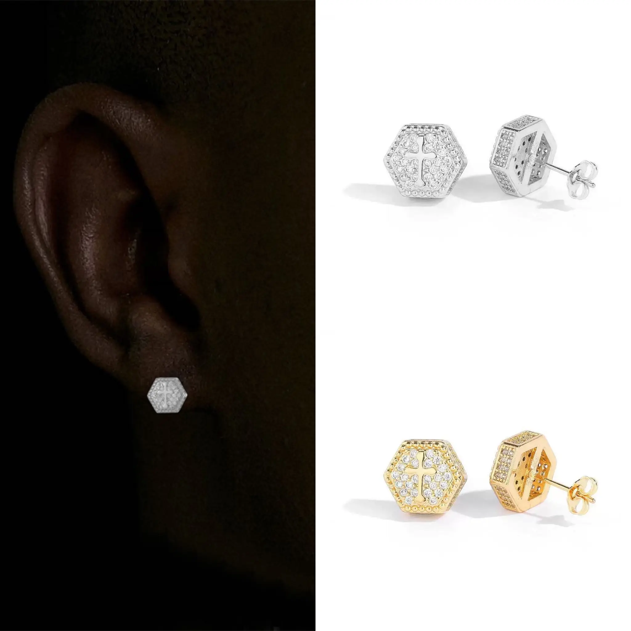 Hexagonal Cross Stud Earrings with 3A+ Paved Cubic Zirconia, Handmade Hip-Hop Jewelry for Men and Women, Male
