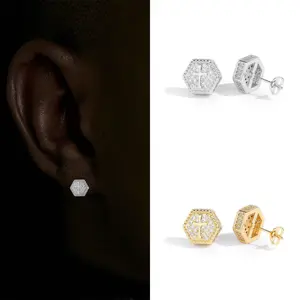GAB 3A+CZ Hexagonal Cross stud Earrings,  High Quality  Decorated Hip-Hop Earrings For Men and Women Handmade Jewelry