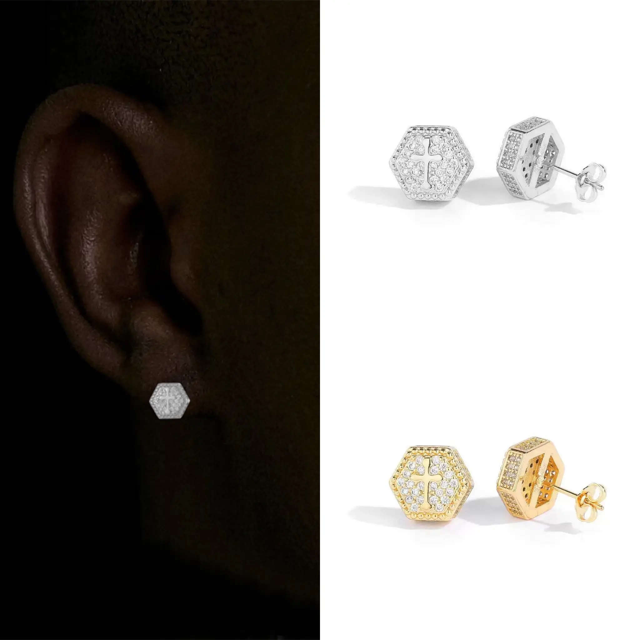 GAB 3A+CZ Hexagonal Cross stud Earrings, High Quality Decorated Hip-Hop Earrings For Men and Women Jewelry Decoration