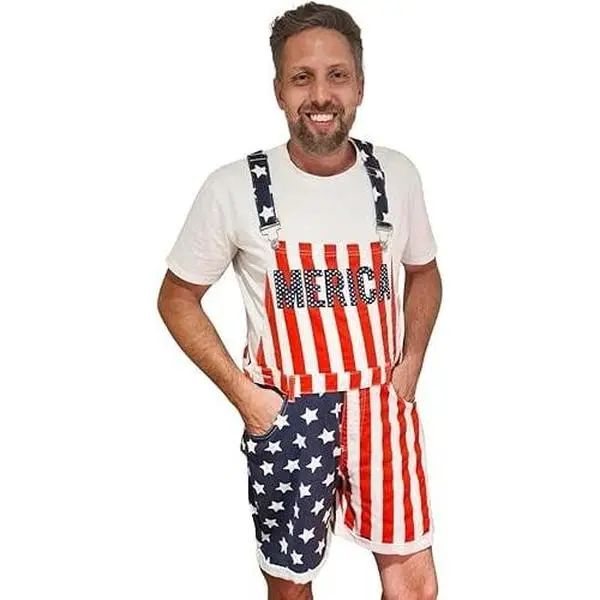 HandinHandCreations USA Men's Classic Halloween Costume Overalls Set - Adjustable Straps, Merica Red White Blue Stars Stripes Design, Quality Build, 100% Satisfaction or Money Back (X-Large) Menswear