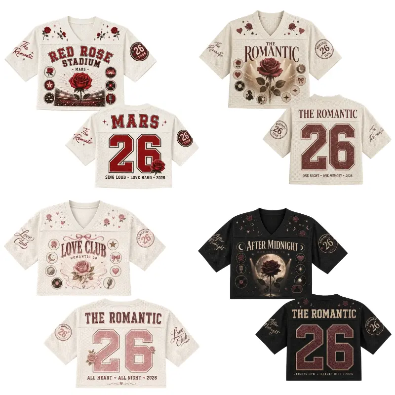 Women's Mars 26 Rose Graphic Full Mesh V-Neck Crop Football Jersey - Romantic Sportswear for Music Concerts, Fashion Gift