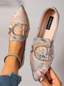 Women's New Floral Embroidered Ballet Flats, Rhinestone Buckle Decor, Pointed Toe Low Heel Shoes, Comfortable Anti-Slip Wear-Resistant