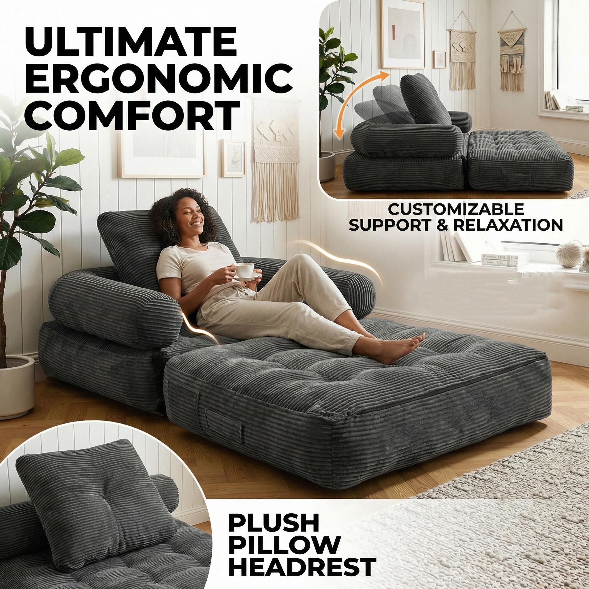 Del Mar loveseat Convertible Single Seater Sofa Bed Boneless Floor Couch Sleeper with Armrests, Soft Corduroy Foldable Lazy Sofa Chair for Living Room/Bedroom