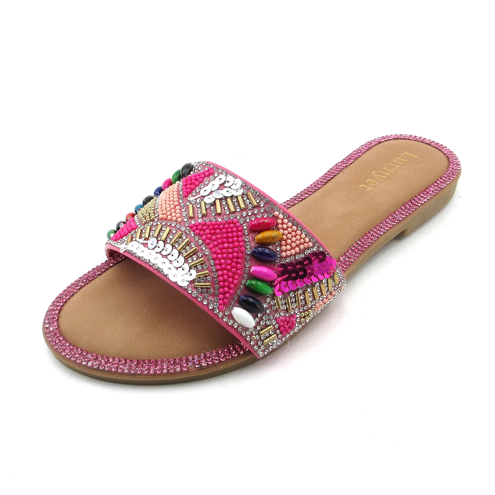 Women's Colorful Beaded Rhinestone Flat Slide Sandals, Bohemian Hand Decor Slip On Slippers, Lightweight Comfort Footwear for Beach, Party, Indoor & Daily Summer Casual Wear toe open-toe resistant luxury cozy plush