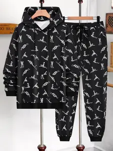 Men's Halloween Skull Print Hooded Sweatshirt Set, Long Sleeve Fitted Casual Top, Hoodie and Pants, Fall & Winter Fashion