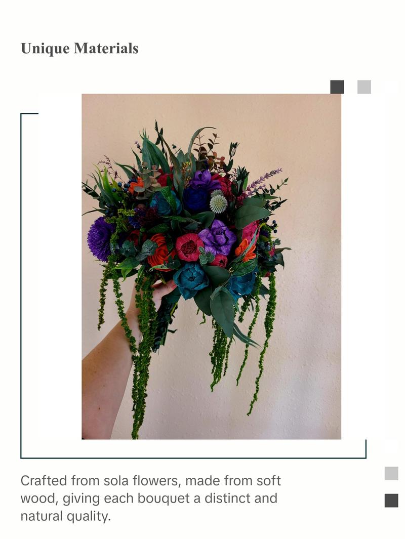 Moody Jewel Toned Wood Flower Bouquet, Teal and Purple Sola Bride Bouquet, Hanging Greenery Bouquet