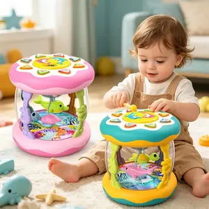 Unisex Animal Theme Baby Hand Drum Musical Toy - 8 Music Rhythms, Rotating Lights, Grip-Attracting, Crawling-Encouraging, Sensory Rattle Maracas, Battery-Required, Suitable for 12 Months+
