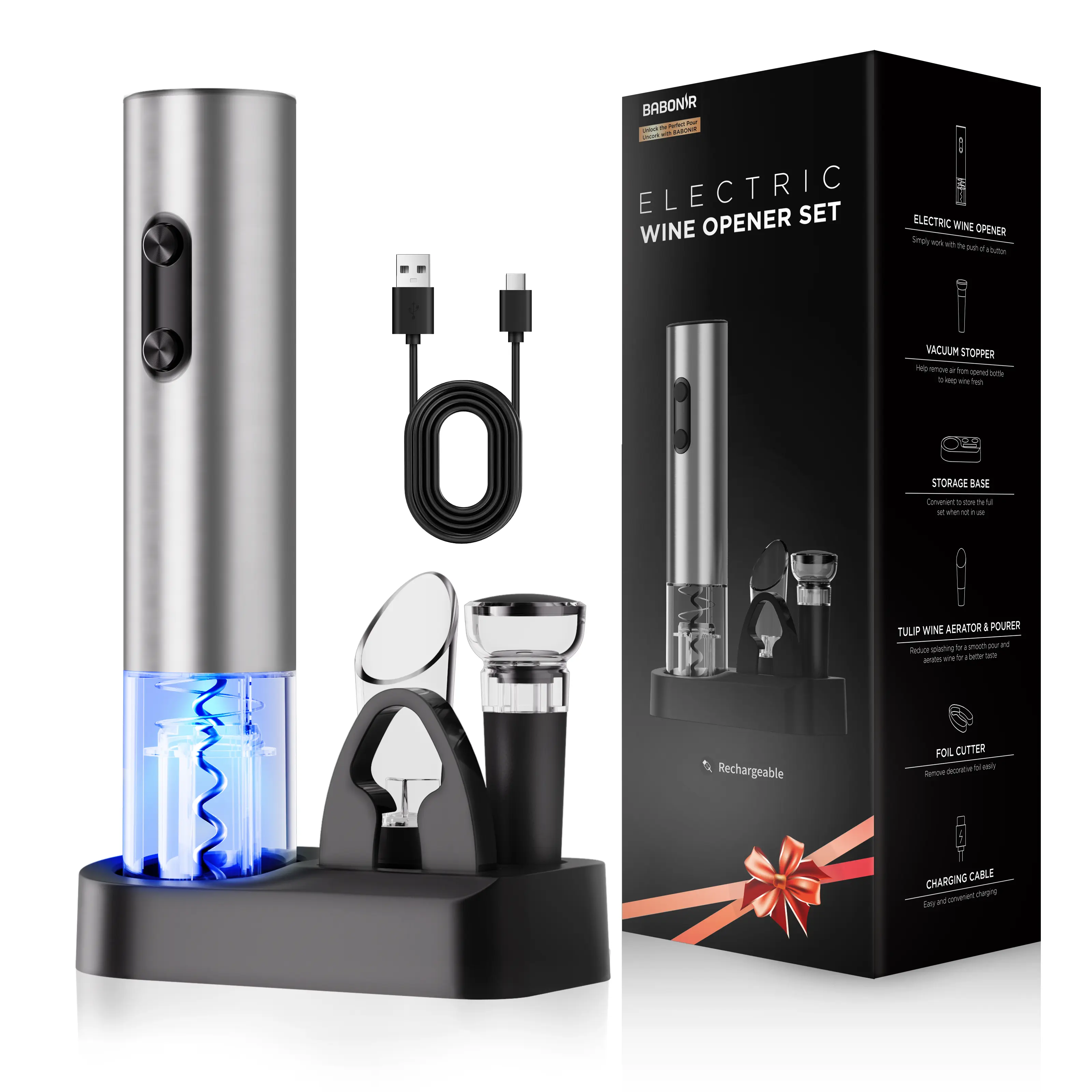 6-in-1 Electric Wine Opener Gift Set, Stainless Steel Automatic Corkscrew with Foil Cutter, Vacuum Stopper, Aerator Pourer and Storage Base, Rechargeable Bottle Opener Gift Kit for Home Party