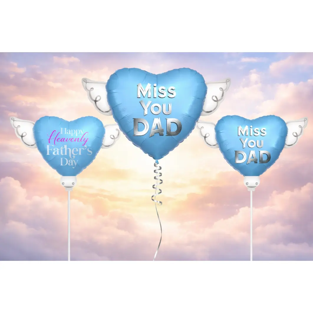 Happy Heavenly Father's Day Memorial Balloon Bundle – Miss You Dad 6-Piece | 17" & 8" Stick